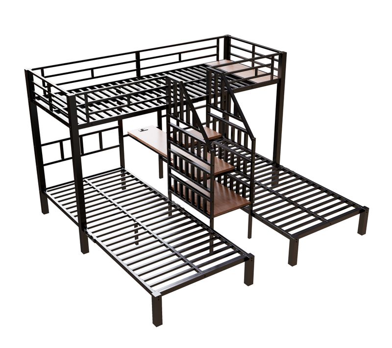 Lit Superposé Triple 90x200 Cm Noir Avec LED, Bureau Intégré, Rangements Et Prises USB