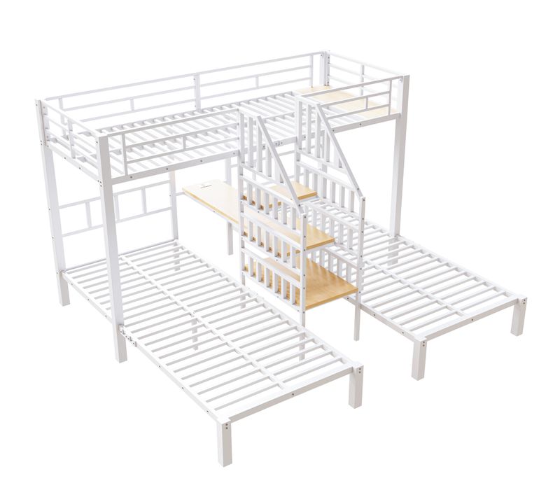 Lit Superposé Triple 90x200 Cm Noir Avec LED, Bureau Intégré, Rangements Et Prises USB