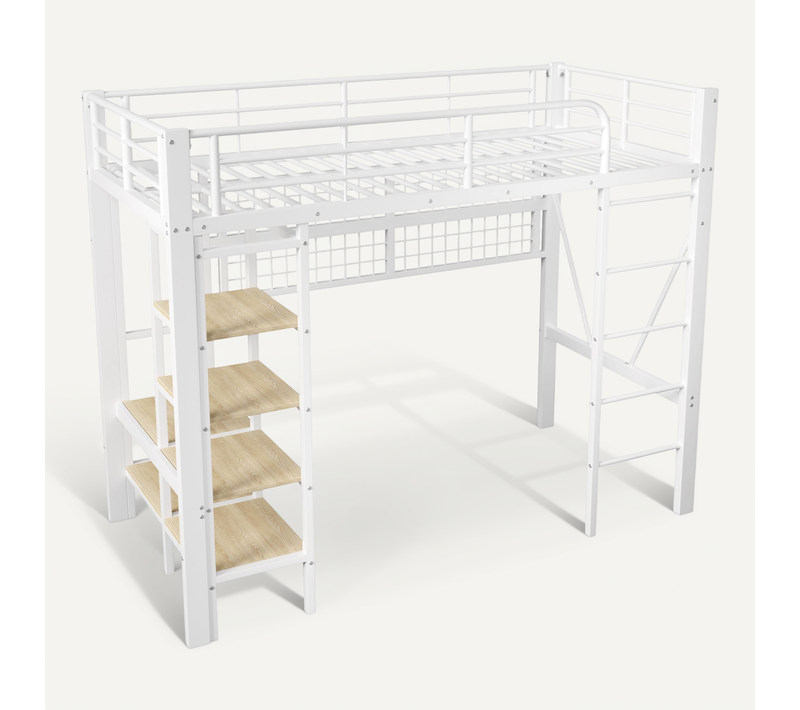 Lit Mezzanine 90x200 Cm Blanc Avec LED, Rangement, Filet Suspendu Et Espace Ouvert Dessous