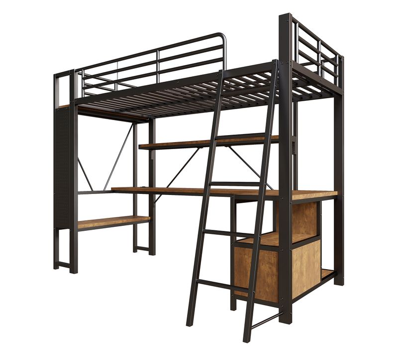 Lit Mezzanine 90x200 Cm Noir Avec LED, Bureau Intégré Et Rangements Multiples