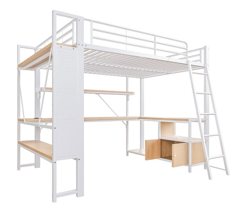 Lit Mezzanine 140x200 Cm Blanc Avec Bureau Intégré, LED Et Rangements Multiples