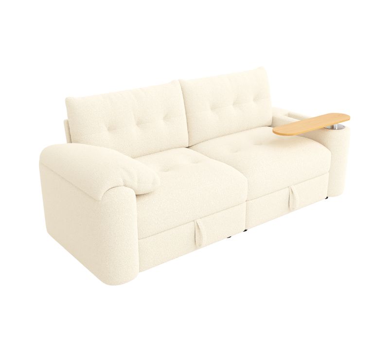 Canapé 3 Places Compact En Teddy Beige Avec Rangements Intégrés, Têtière Et Tablette Pivotante