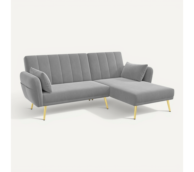 Canapé D’angle Convertible Moderne En Velours, Dossier Réglable 3 Positions, Méridienne Réversible