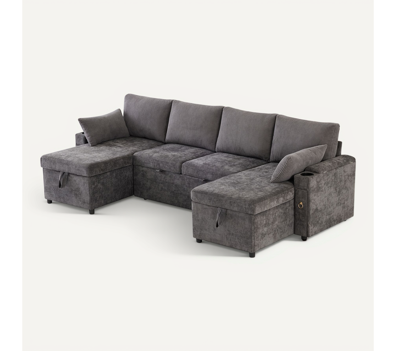 Canapé U 4-5 Places Convertible En Lit Avec Rangements, Porte-gobelets Et Coussins, Gris