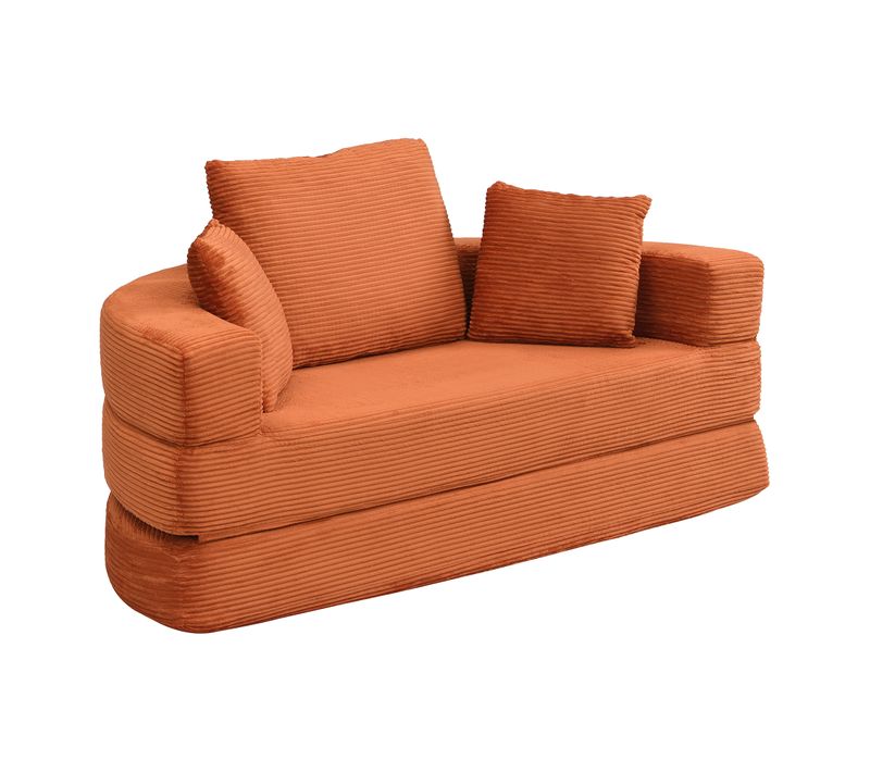Canapé Convertible Modulable En Velours, Lit Ovale 173x176 Cm, Design Gain De Place, Orange