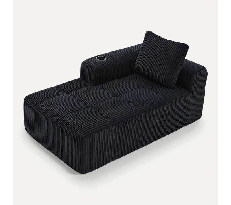 Canapé En Velours Côtelé Noir, Compact, Confortable Avec Rangement Latéral Et Porte-gobelets Intégré
