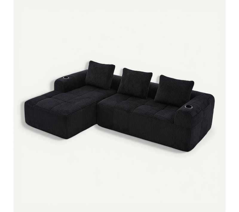 Canapé Compact Modulable En Velours Côtelé Noir Avec Porte-gobelets Et Poches Latérales