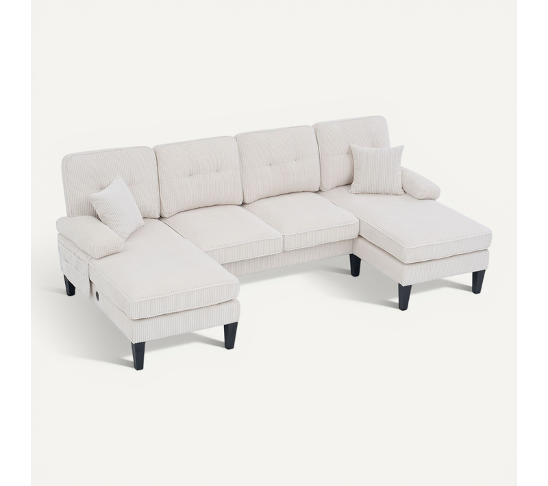 Canapé U 4 Places En Velours Côtelé Beige Avec Double Méridienne, Assise Confortable Et Moderne