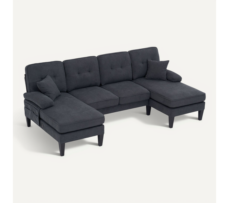 Canapé U 4 Places En Lin Gris Foncé Avec Double Chaise Longue, Coussins Confortables Et Dossier
