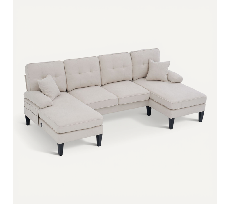 Canapé U 4 Places En Lin Beige Avec Double Chaise Longue, Coussins Confortables Et Dossier Moderne