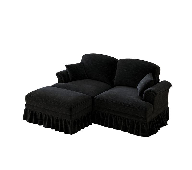 Canapé Modulable 2 Places En L En Chenille Noirhe Avec Coussin, Pieds Fuseaux Et Tabouret Mobile