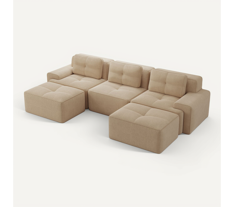 Canapé Modulable En U 3 Places Sans Accoudoirs, Velours Côtelé, Ottoman Inclus, Confortable, Beige