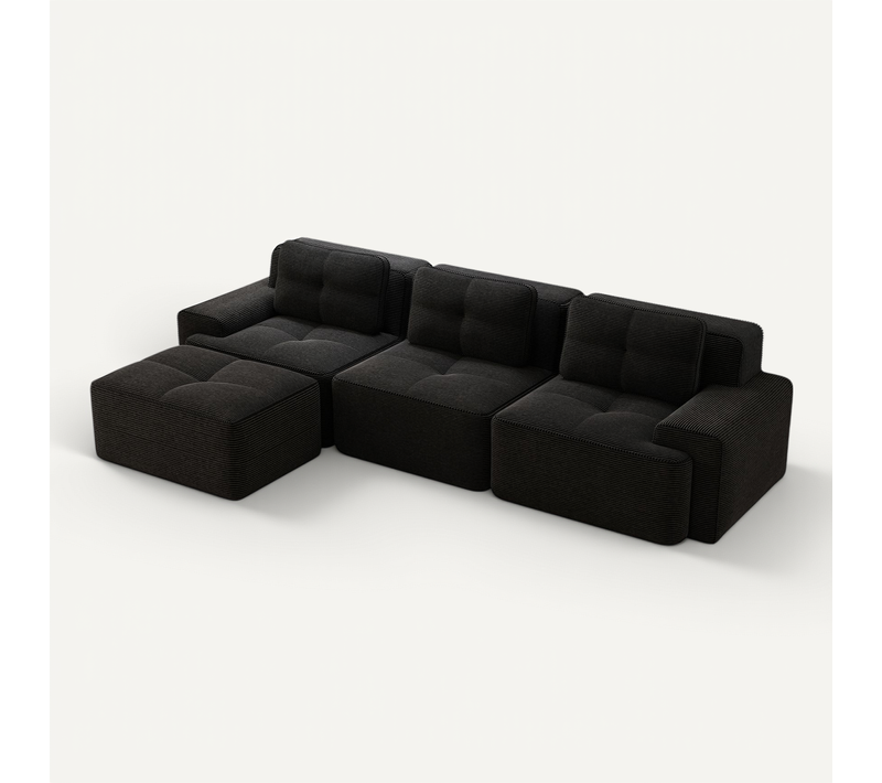 Canapé Modulable En L 3 Places Sans Accoudoirs, Velours Côtelé, Ottoman Inclus, Confortable, Noir