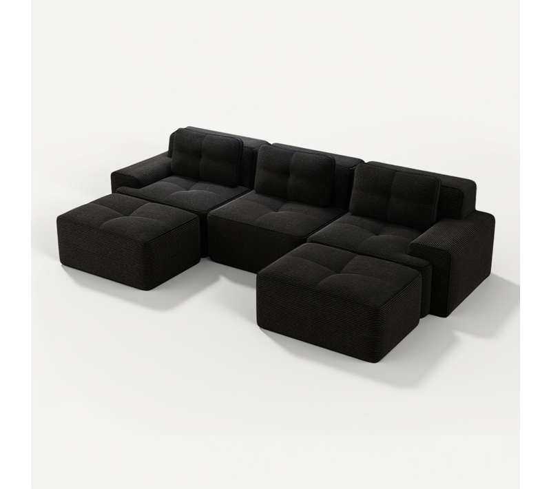Canapé Modulable En U 3 Places Sans Accoudoirs, Velours Côtelé, Ottoman Inclus, Confortable, Noir