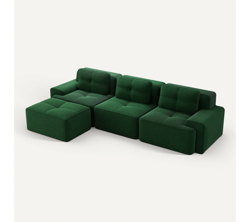 Canapé Modulable En L 3 Places Sans Accoudoirs, Velours Côtelé, Ottoman Inclus, Confortable, Vert