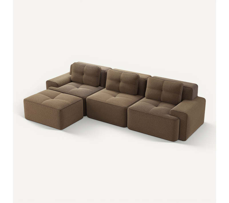 Canapé Modulable En L 3 Places Sans Accoudoirs, Velours Côtelé, Ottoman Inclus, Confortable, Marron