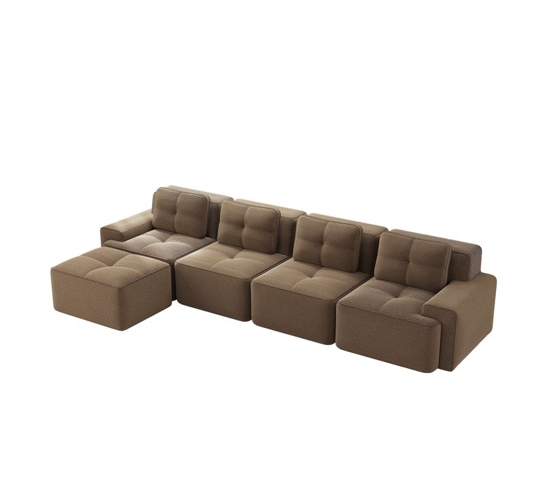 Canapé Modulable En L 4 Places Sans Accoudoirs, Velours Côtelé, Profond Et Confortable, Marron