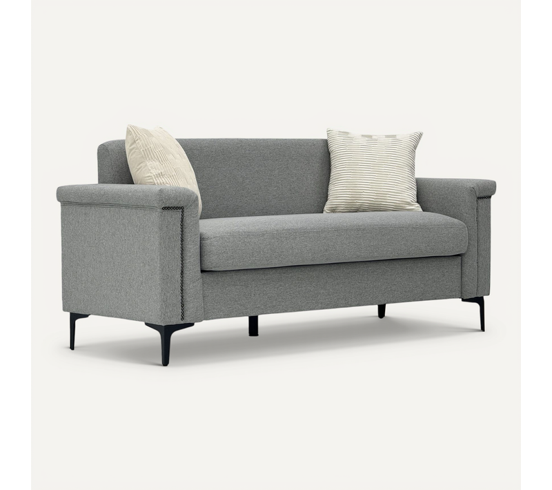 Canapé 2 Places Gris Clair En Tissu Lin, Structure Bois Massif Et Pieds Métal, Design Confort