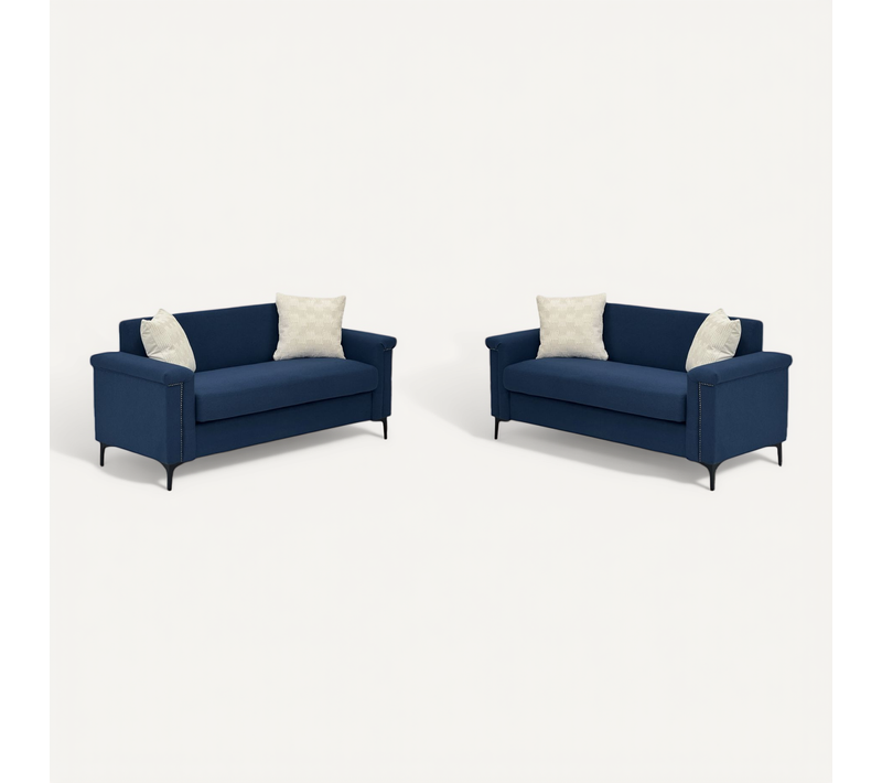 Canapé 2 Places Compact 172 Cm En Lin Bleu, Structure Bois Massif, Pieds Métal, Confort, Lot De 2