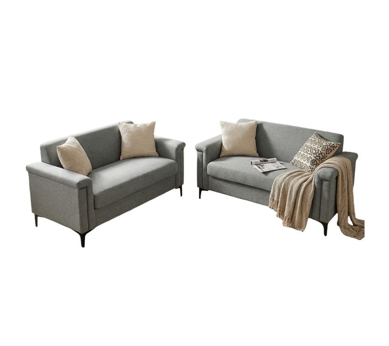 Canapé 2 Places Gris Clair En Tissu Lin, Structure Bois Massif Et Pieds Métal, Lot De 2