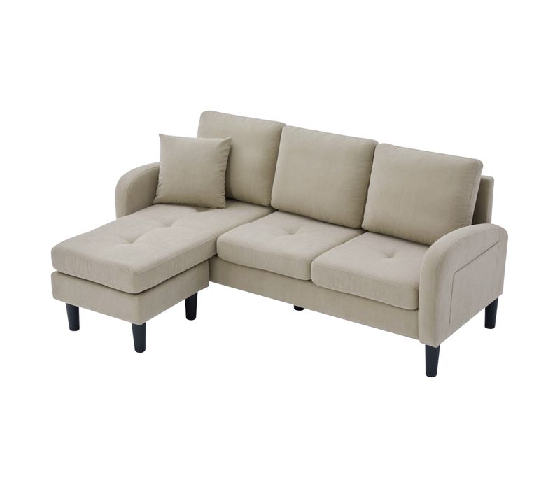 Canapé D’angle 3 Places Avec Chaise Longue En Tissu Cordon Marron Clair