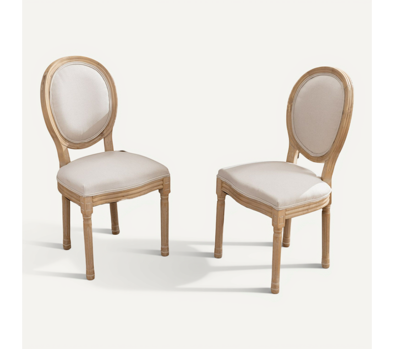 Lot De 2 Chaises De Salle à Manger, Structure En Bois Massif Peint Effet Ancien, Tissu Lin Beige
