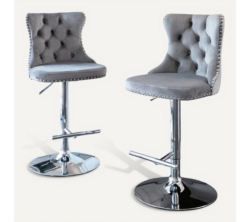 Lot De 2 Tabourets De Bar Pivotants En Velours Gris, Hauteur Réglable 63–84 Cm, Base Chrome Large