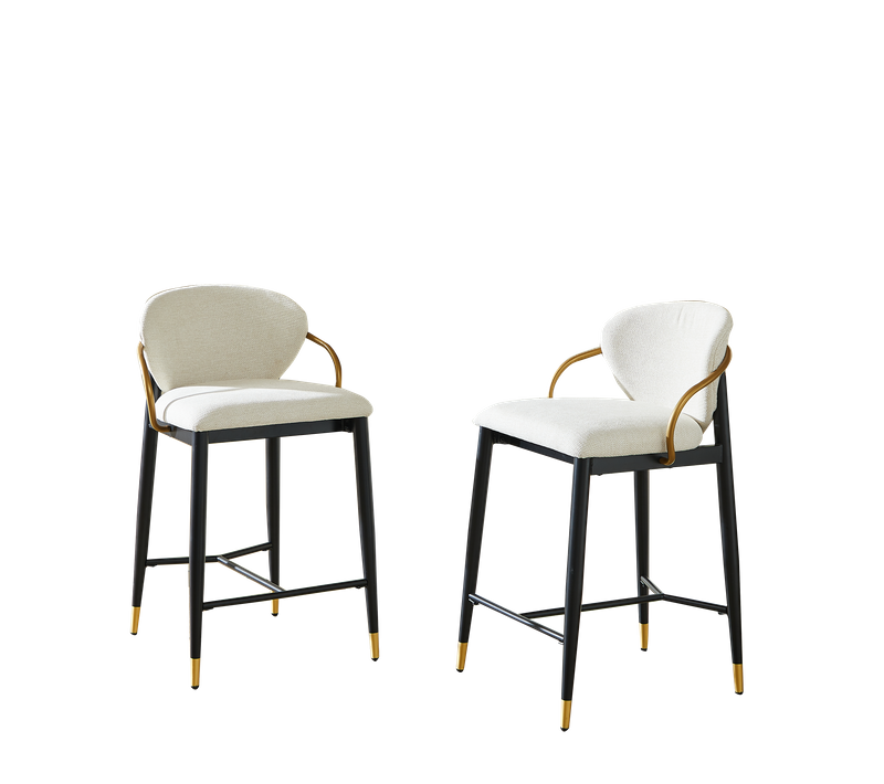 Lot De 2 Tabourets De Bar En Chenille Beige, Réglables En Hauteur, Cadre Noir Et Doré Avec Dossier