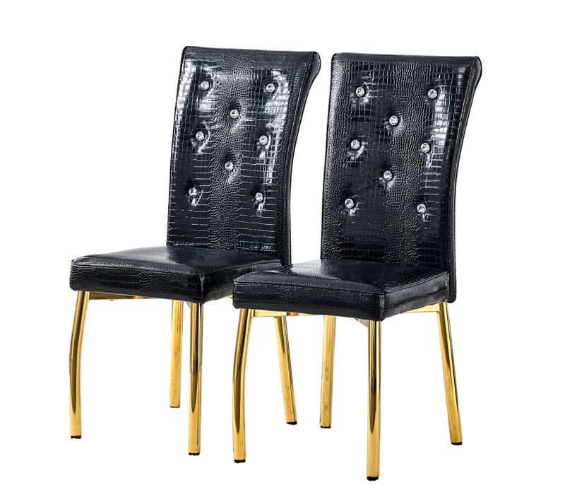 Lot De 2 Chaises De Salle à Manger Rétro Simili Noir Avec Boutons Cristal Et Pieds Métalliques Dorés