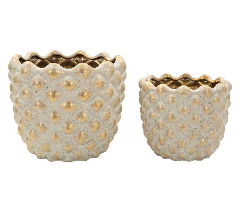 Set De 2 Cachepots Céramique Gris Et Doré D.23x18 / 18,5x15,5 Cm – Relief Géométrique Chic