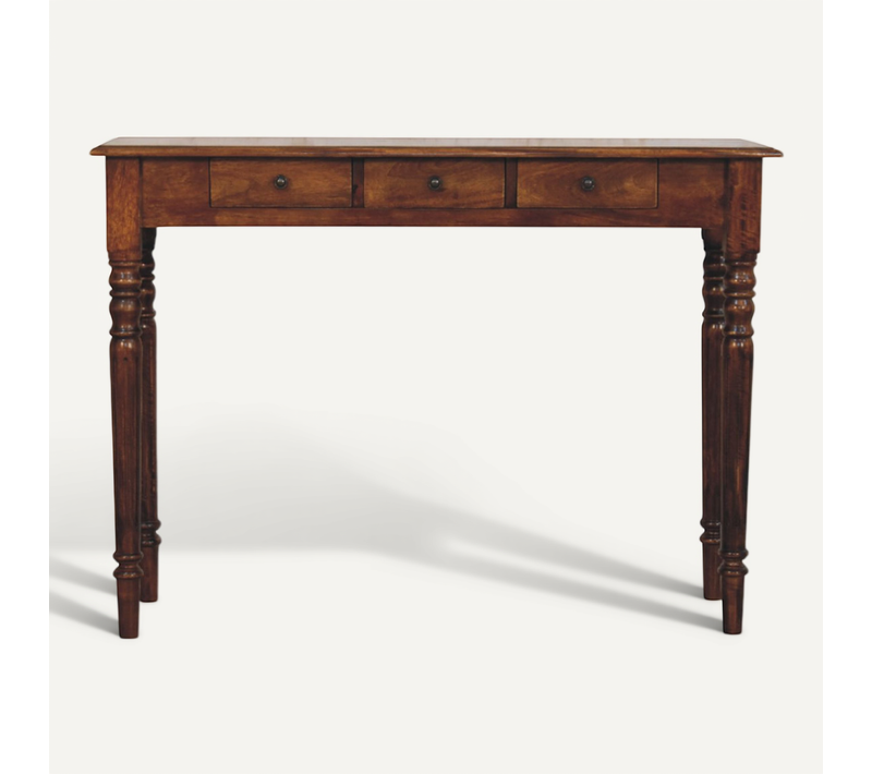 Console En Bois Massif Avec 3 Tiroirs Et Pieds Tournés, Finition Châtaigne Foncée, Élégant