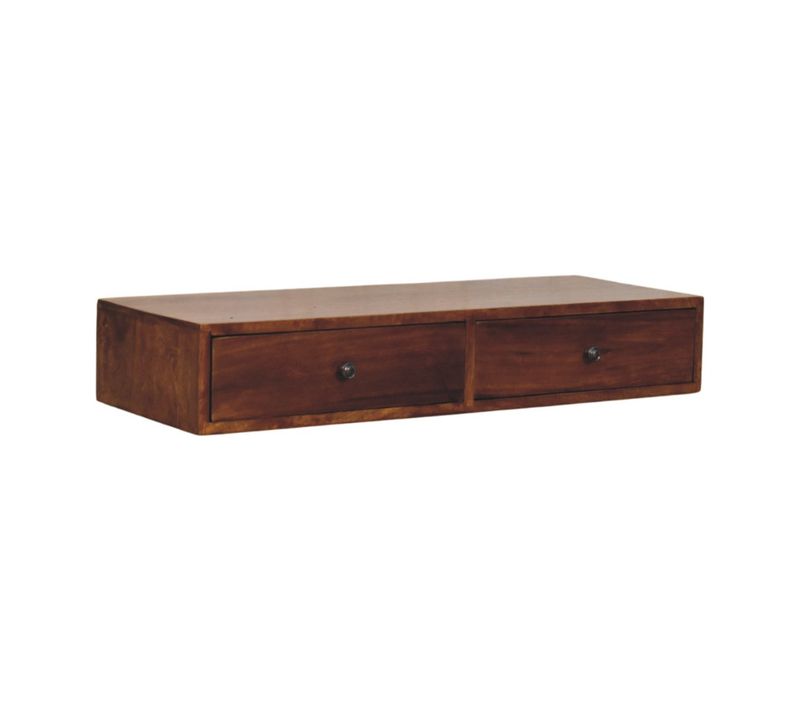 Console Murale En Bois De Manguier Massif Avec 2 Tiroirs, Finition Châtaigne, Design Compact 88x32cm