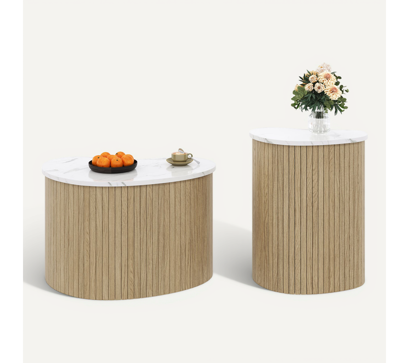 Ensemble De Bout De Canapé Scandinaves Effet Marbre Et Bois, Design Arrondi, Minimaliste Naturel