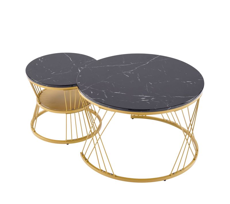 Ensemble De 2 Tables D'appoint Rondes Effet Marbre, Cadre Doré, Haute Brillance, 70x70+45x45cm