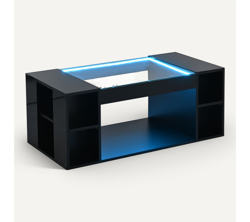 Table Basse Moderne 100x50x40 Cm LED Avec Plateau En Verre Trempé Et Rangement Central Noir