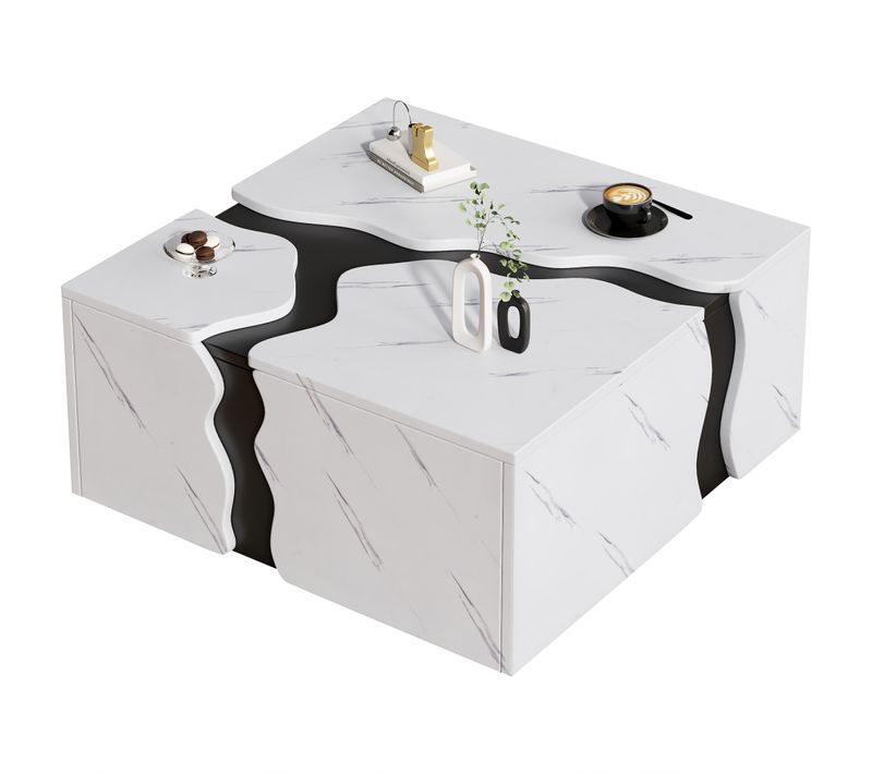 Table Basse Cube 70x70x31 Cm Design Géométrique Avec Tiroir Et Plateau Effet Marbre Blanc