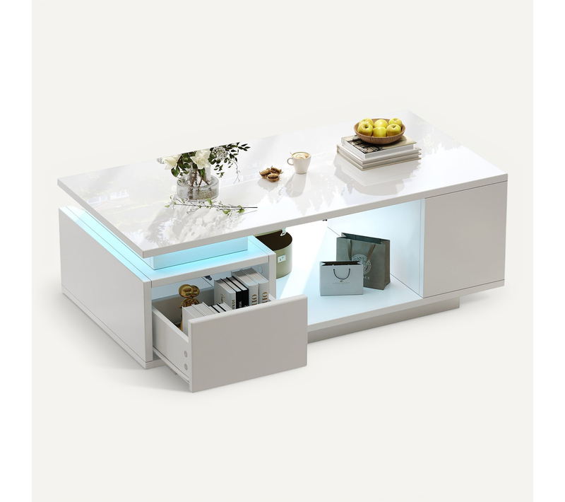 Table Basse 100x50x36 Cm Blance Avec LED, Tiroir Et 4 Compartiments Latéraux, Design Moderne