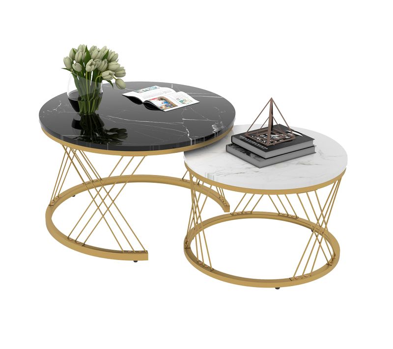 Set De 2 Tables Basses Rondes Imbriquées, Mdf Effet Marbre, Cadre Doré, Compact Et Moderne