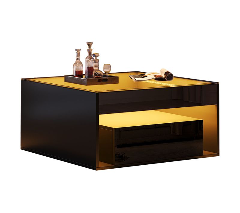Table Basse LED 70x70x35 Cm Avec 2 Tiroirs, Plateau En Verre Trempé Et Finition Noir Brillant