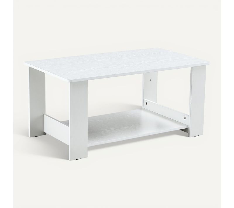 Table Basse Moderne Blanche Effet Bois 2 Niveaux – 90x50x42 cm, Compacte Et Robuste