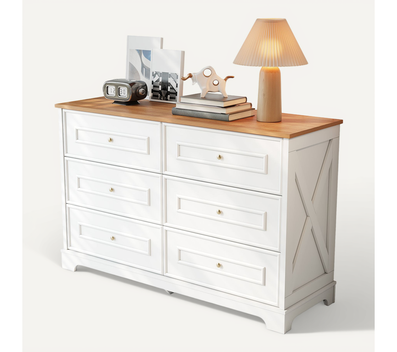Buffet Moderne 6 Tiroirs Blanc Et Bois Clair, Rangement Pratique Salon, Salle à Manger 120×40×76 Cm
