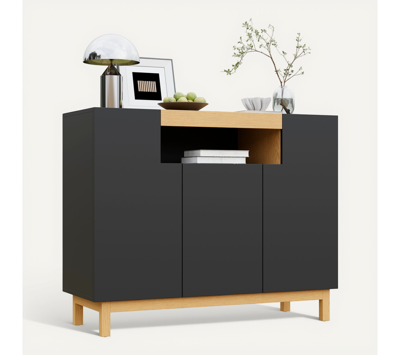 Buffet Moderne 120 Cm Avec Trois Portes Et étagère Ouverte, Design Minimaliste Noir Et Bois