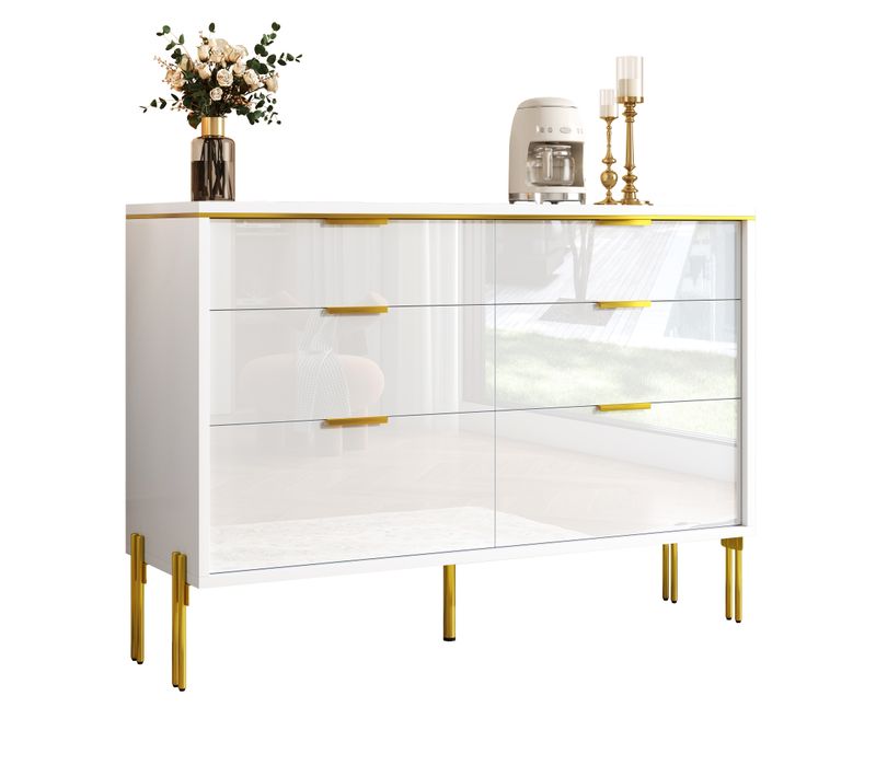 Buffet Moderne Blanc Et Doré 6 Tiroirs Avec Façade Laquée Pour Salon, Salle à Manger Et Entrée