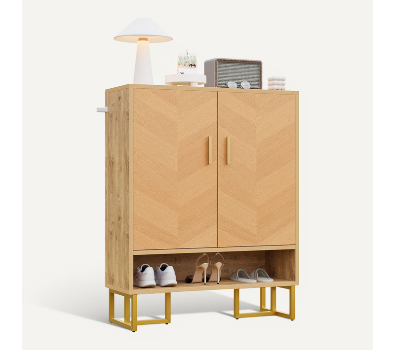 Meuble à Chaussures Moderne 2 Portes Avec Cadre Doré Et Bois Naturel, étroit Pour Entrée