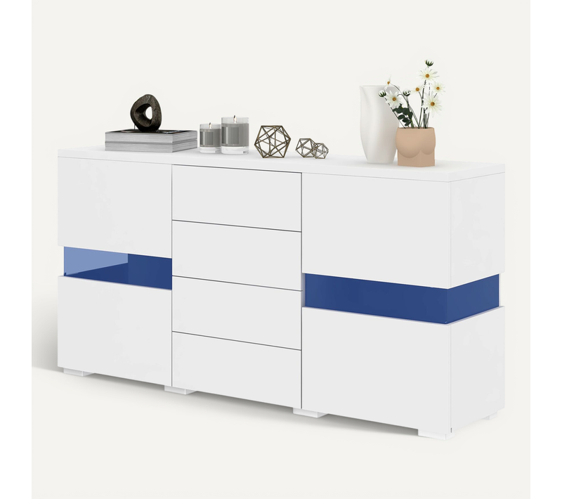 Buffet Moderne Blanc Laqué Avec LED 16 Couleurs, 2 Portes Acryliques Et 4 Tiroirs