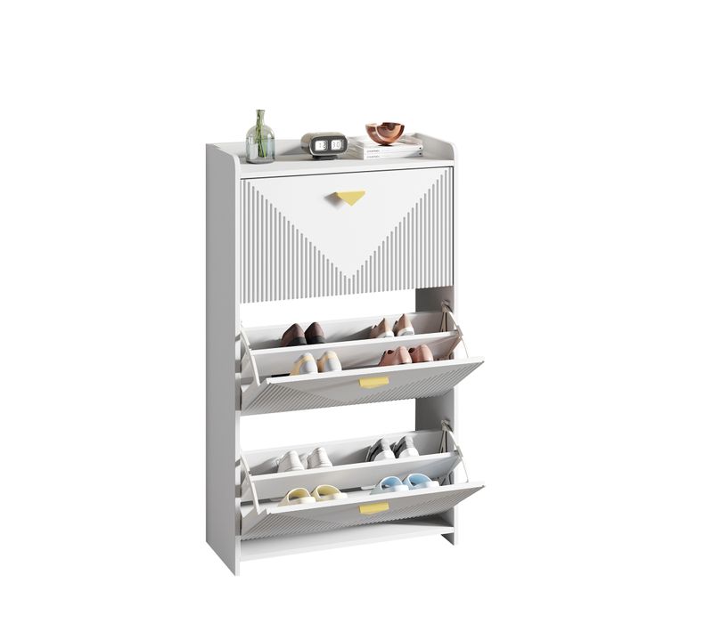 Meuble à Chaussures Blanc 3 Portes Rabattables, 6 étagères, Mdf élégant Pour Couloir Et Salon