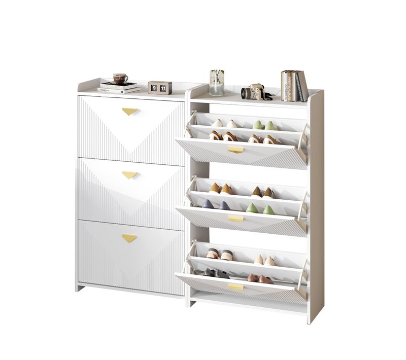 Meuble à Chaussures Blanc 3 Portes Rabattables, 6 Étagères, Mdf Élégant Couloir Et Salon, Lot De 2