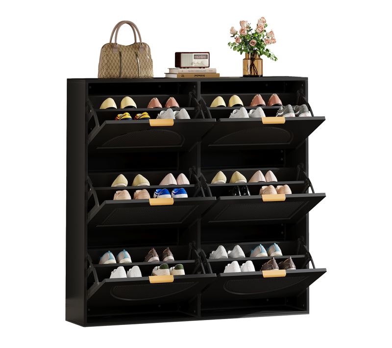 Meuble à Chaussures Moderne Noir 6 Abattants 118x25x115 Cm Pour Couloir Et Entrée