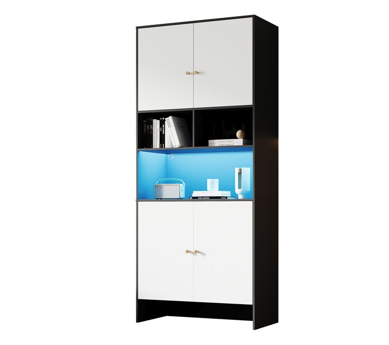 Buffet Moderne 80x40x185 Cm Noir Et Blanc Avec 4 Portes Et 3 Étagères Ouvertes