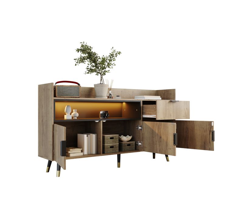 Buffet Moderne Minimaliste En Bois Clair Avec Métal Noir, Tiroir Et Portes Battantes, 160x35x82 Cm
